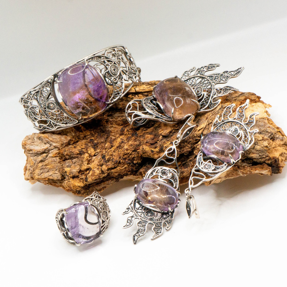 Ювелірний комплект з натуральним аметрином, ручна робота  (сережки, браслет, кулон, каблучка)