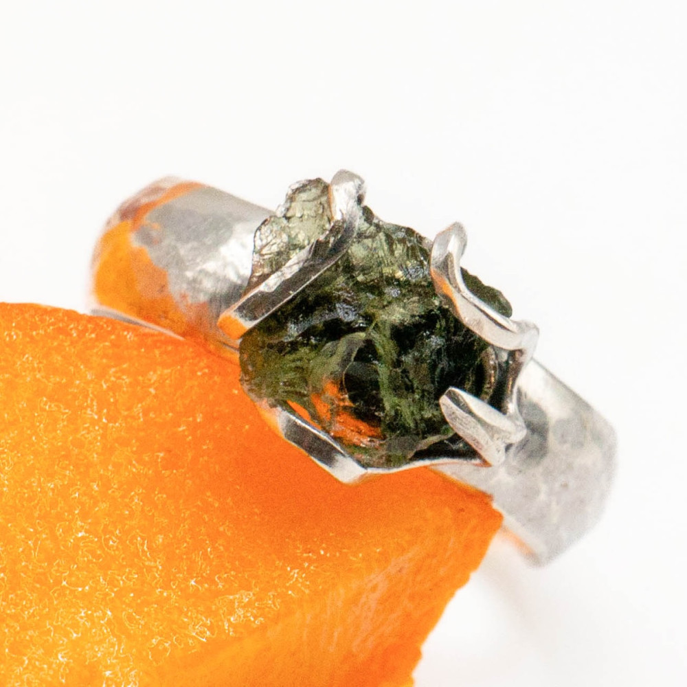 Silver ring with untreated natural moldavite